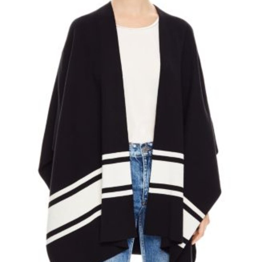 O/S Sandro Black White Flore Striped Poncho Style Open Front Cardigan Sweater